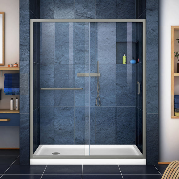 DreamLine DL-6971L-04CL Infinity-Z 32"D x 60"W x 74 3/4"H Clear Sliding Shower Door in Brushed Nickel and Left Drain White Base