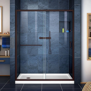 DreamLine DL-6970L-06CL Infinity-Z 30"D x 60"W x 74 3/4"H Clear Sliding Shower Door in Oil Rubbed Bronze and Left Drain White Base