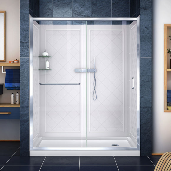 DreamLine DL-6116R-01CL Infinity-Z 30"D x 60"W x 76 3/4"H Clear Sliding Shower Door in Chrome, Right Drain Base and Backwalls