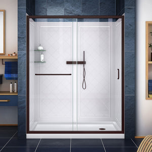 DreamLine DL-6118-CLR-06 Infinity-Z 34 in. D x 60 in. W x 76 3/4 in. H Clear Sliding Shower Door in Oil Rubbed Bronze, Right Drain and Backwalls