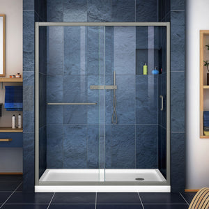 DreamLine DL-6973R-04CL Infinity-Z 36"D x 60"W x 74 3/4"H Clear Sliding Shower Door in Brushed Nickel and Right Drain White Base