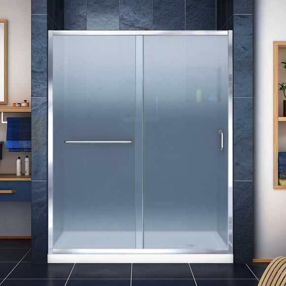 DreamLine DL-6970R-01FR Infinity-Z 30"D x 60"W x 74 3/4"H Frosted Sliding Shower Door in Chrome and Right Drain White Base