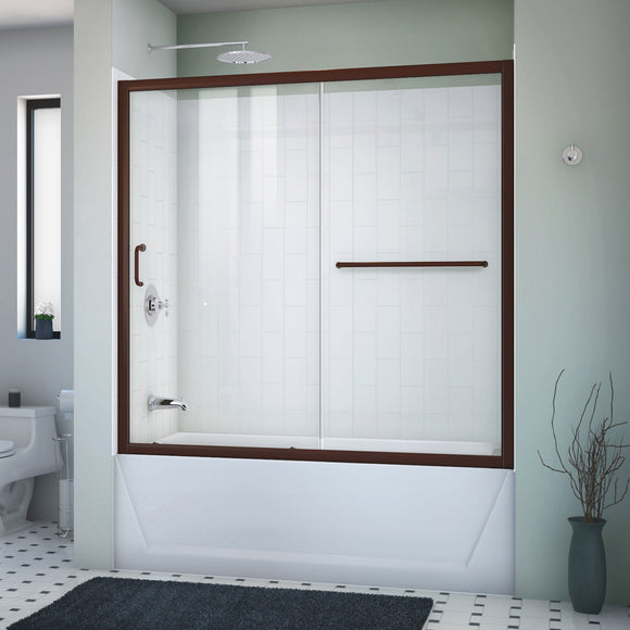 DreamLine DL-6992-CL-06 Infinity-Z 56-60" W x 60" H Clear Sliding Tub Door in Oil Rubbed Bronze with White Acrylic Backwall Kit