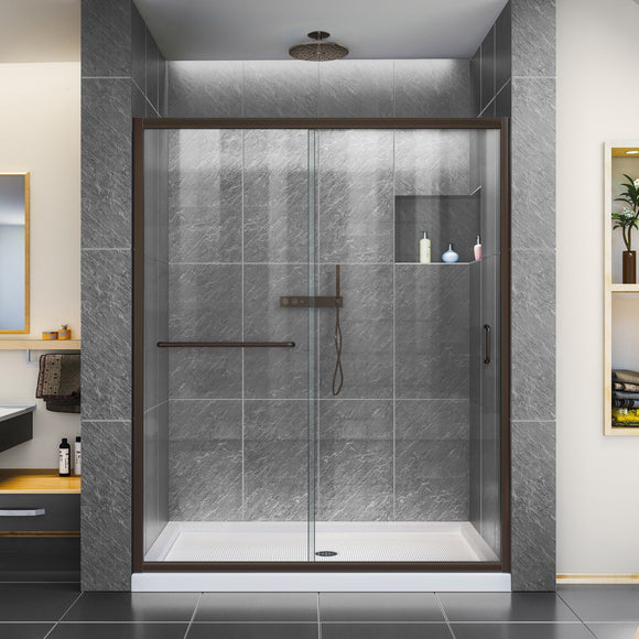 DreamLine DL-6974C-06CL Infinity-Z 32"D x 54"W x 74 3/4"H Clear Sliding Shower Door in Oil Rubbed Bronze and Center Drain White Base