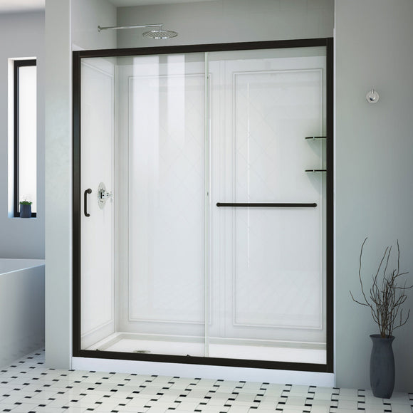 Dreamline DL-6118-CLL-09 Infinity-Z 34" D x 60" W x 76 3/4" H Clear Sliding Shower Door in Satin Black, Left Drain Base and Backwalls