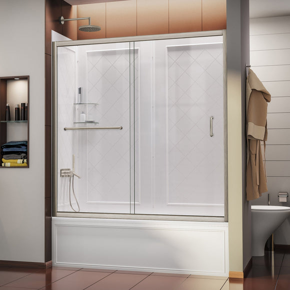DreamLine DL-6992-04CL Infinity-Z 56-60"W x 60"H Clear Sliding Tub Door in Brushed Nickel with White Acrylic Backwall Kit