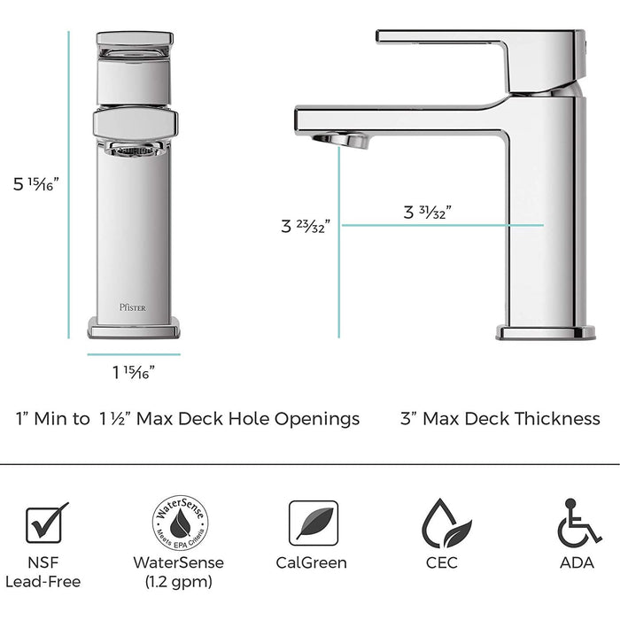 Pfister LG42-DAPC Deckard Single Control 4" Centerset Bathroom Faucet with Push & Seal, Polished Chrome