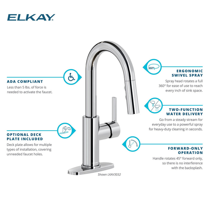 Elkay LKAV3032LS Avado Single Hole Bar Faucet with Pull-down Spray and Lever Handle in Lustrous Steel Finish