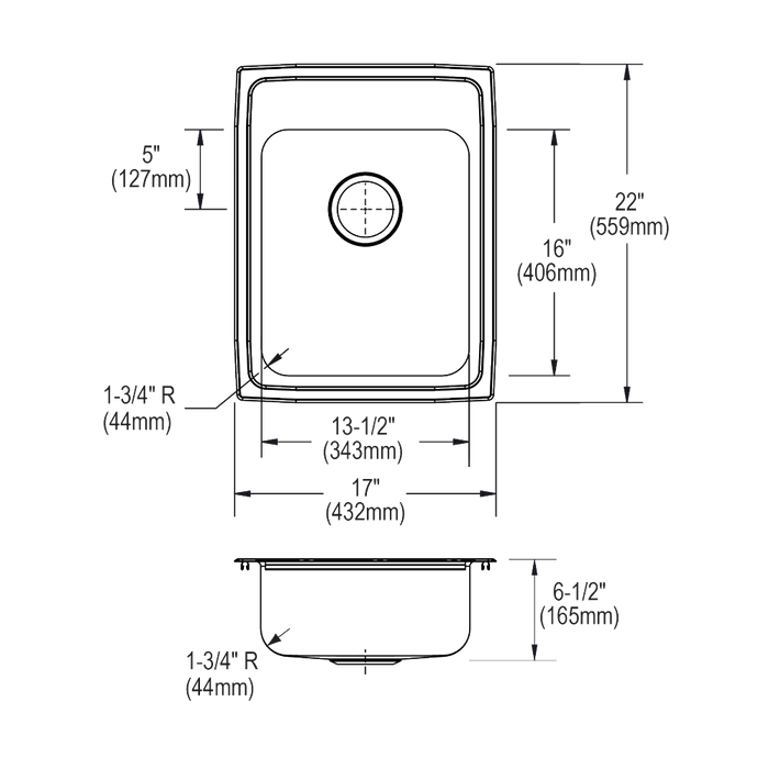 Elkay LRAD1722652 Lustertone Classic Stainless Steel 17" x 22" x 6-1/2", 2-Hole Single Bowl Drop-in ADA Sink