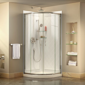 DreamLine DL-6152-01CL Prime 33" x 76 3/4"Semi-Frameless Clear Glass Sliding Shower Enclosure in Chrome with White Base and Backwalls