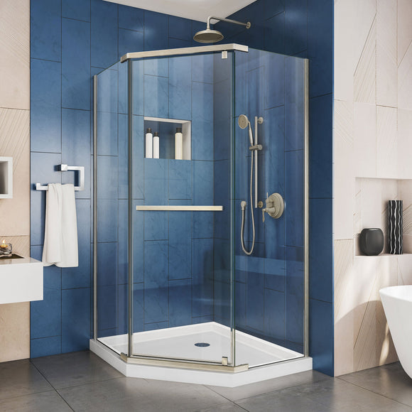 DreamLine DL-6033-04 Prism 42" x 74 3/4" Frameless Neo-Angle Pivot Shower Enclosure in Brushed Nickel with White Base Kit