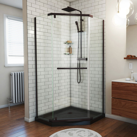 DreamLine DL-6031-88-06 Prism 38 in. x 74 3/4 in. Frameless Neo-Angle Pivot Shower Enclosure in Oil Rubbed Bronze with Black Base Kit