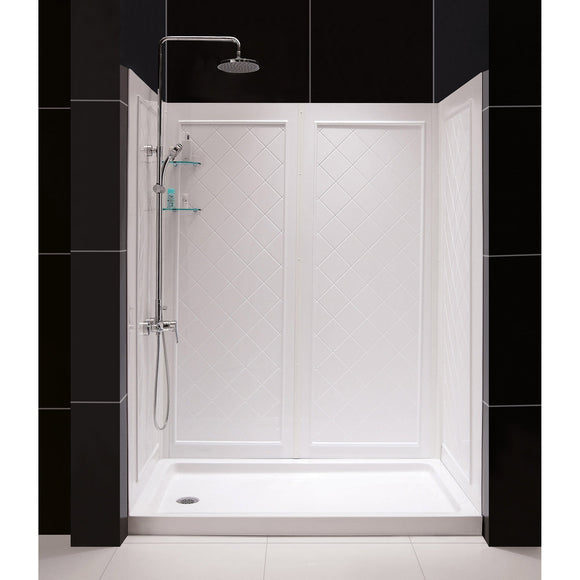 DreamLine DL-6191L-01 34"D x 60"W x 76 3/4"H Left Drain Acrylic Shower Base and QWALL-5 Backwall Kit In White - Bath4All