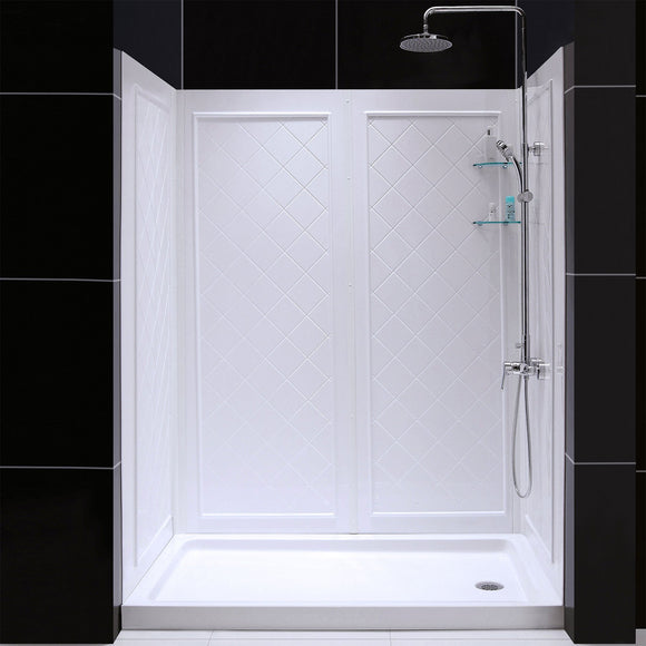 DreamLine DL-6190R-01 32"D x 60"W x 76 3/4"H Right Drain Acrylic Shower Base and QWALL-5 Backwall Kit In White - Bath4All