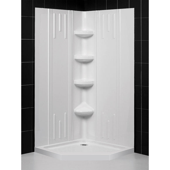 DreamLine DL-6043C-01 42" x 42" x 75 5/8"H Neo-Angle Shower Base and QWALL-2 Acrylic Corner Backwall Kit in White