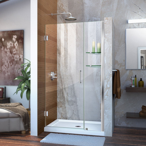 DreamLine SHDR-20407210S-01 Unidoor 40-41"W x 72"H Frameless Hinged Shower Door with Shelves in Chrome - Bath4All