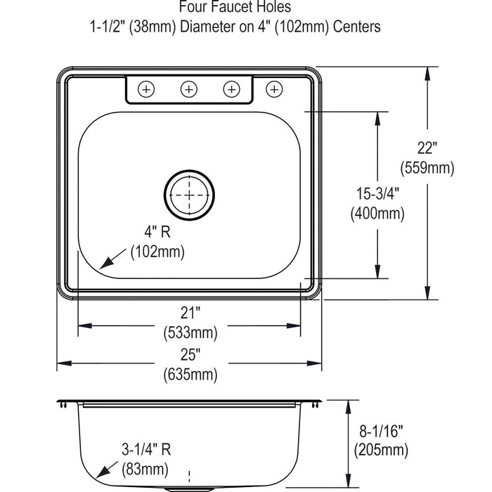 Elkay DSE125224DF Dayton Stainless Steel 25" x 22" x 8-1/16", 1-Bowl Top Mount Sink and Faucet Kit