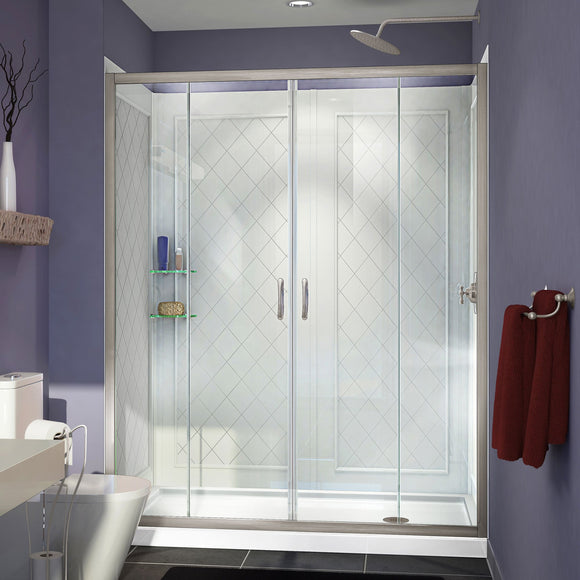 DreamLine DL-6114R-04CL Visions 34"D x 60"W x 76 3/4"H Sliding Shower Door in Brushed Nickel with Right Drain White Base, Backwalls