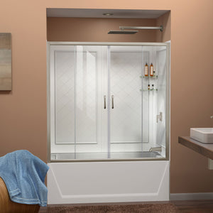 DreamLine DL-6995-04CL Visions 56-60"W x 60"H Semi-Frameless Sliding Tub Door in Brushed Nickel with White Acrylic Backwall Kit