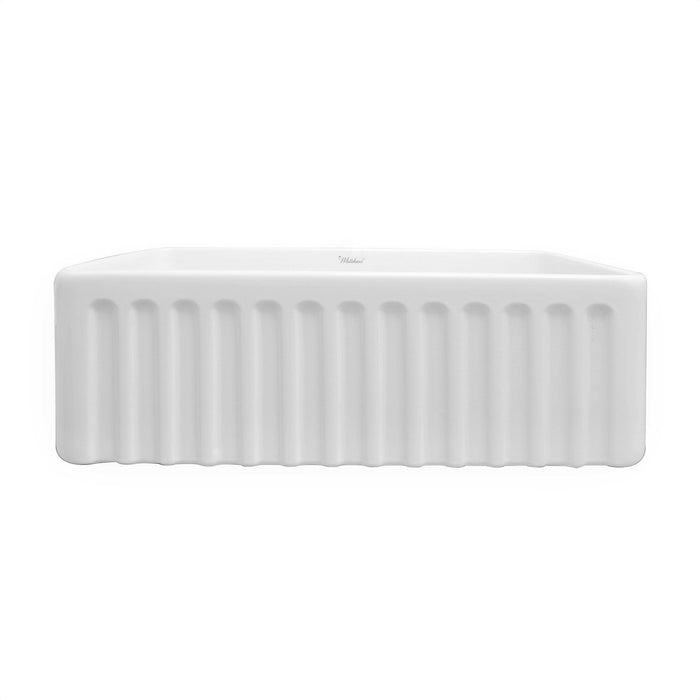 Whitehaus WHFLGO3018-WHITE Farmhaus Fireclay Reversible Sink with a Swirl Design Front Apron
