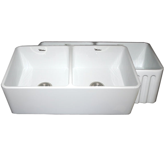 Whitehaus WHFLPLN3318-WHITE Farmhaus Fireclay Reversible Double Bowl Kitchen Sink