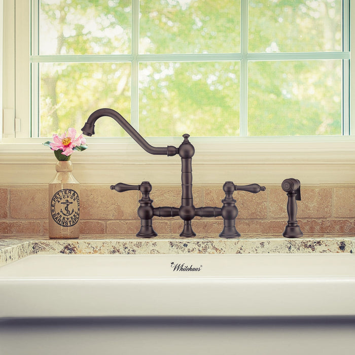 Whitehaus WHKBTLV3-9201-NT-ORB Vintage III Plus Bridge Faucet with Lever Handles and Side Spray