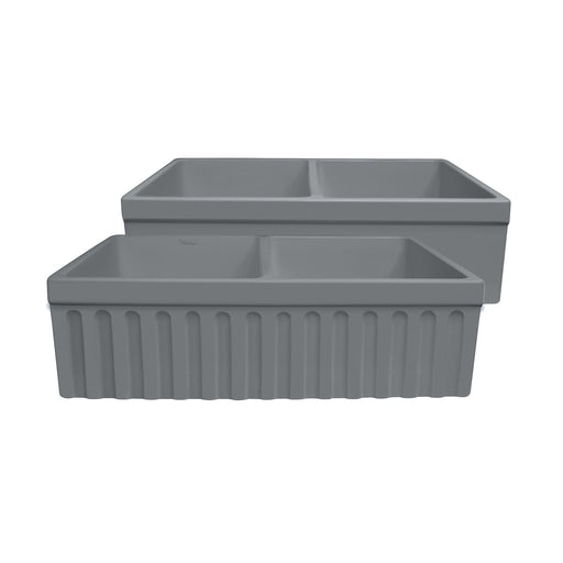 Whitehaus WHQDB332-M-CEMENT Farmhaus Quatro Alcove Reversible Matte Double Bowl Fireclay Kitchen Sink
