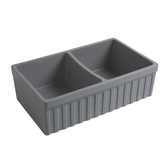 Whitehaus WHQDB332-M-CEMENT Farmhaus Quatro Alcove Reversible Matte Double Bowl Fireclay Kitchen Sink