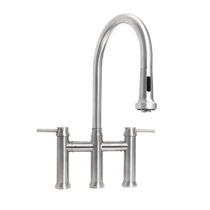 Whitehaus WHS6900-PDK-BSS Waterhaus Stainless Steel Bridge Faucet with a Gooseneck Swivel Spout