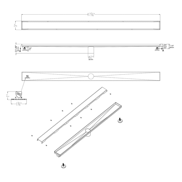 ALFI Brand ABLD47B-BM 47" Black Matte Brushed Stainless Steel Linear Shower Drain with Solid Cover