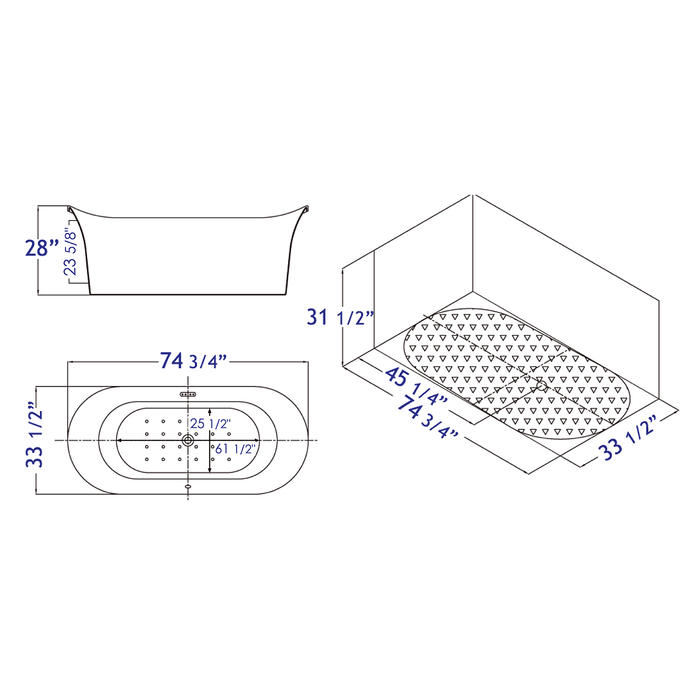 EAGO AM1900 74" White Free Standing Air Bubble Bathtub