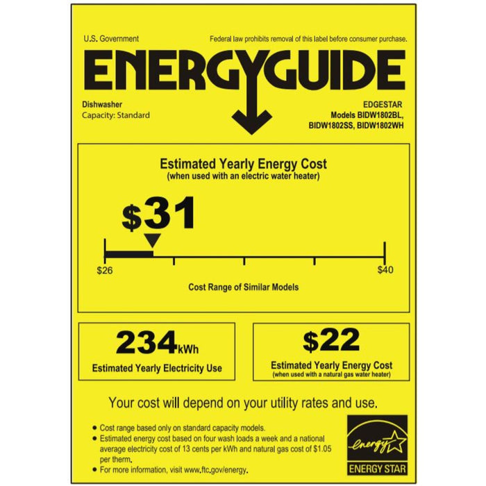 Edgestar BIDW1802SS 18" Wide 8 Place Setting Energy Star Certified Built-In Front Control Dishwasher in Stainless Steel