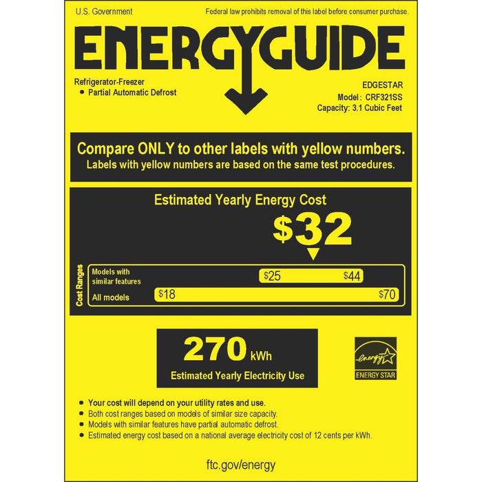 Edgestar CRF321SS 19" Wide 3.1 Cu. Ft. Energy Star Rated Fridge/Freezer in Stainless Steel