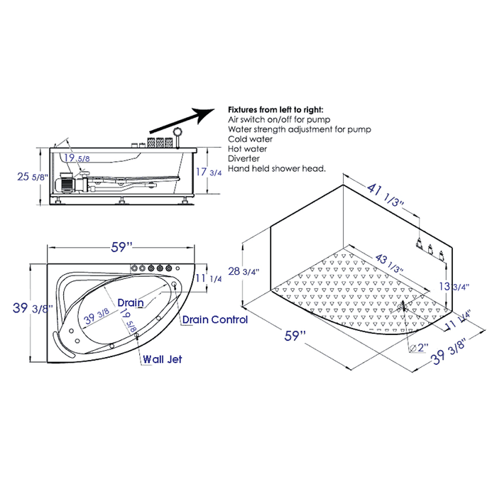 EAGO AM161-R 5' Single Person Corner White Whirlpool Bath Tub - Drain on Right