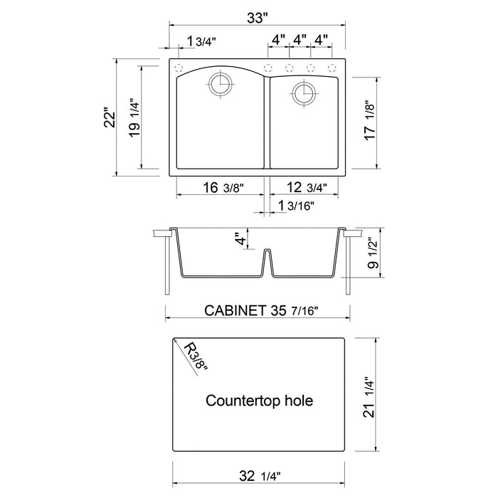 ALFI Brand AB3320DI-C Chocolate 33" 2x Bowl Drop-in Granite Comp Kitchen Sink