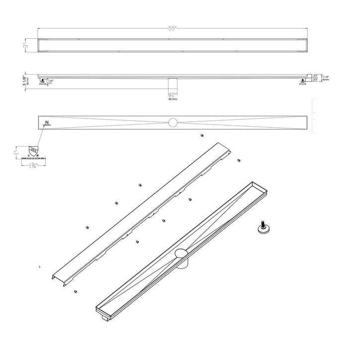 ALFI Brand ABLD59B-BM 59" Black Matte Stainless Steel Linear Shower Drain with Solid Cover
