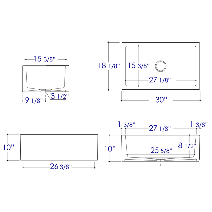ALFI AB3018SB-W 30" White Smooth Apron Solid Wall Fireclay Single Bowl Farm Sink