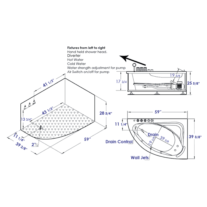 EAGO AM161-L 5' Single Person Corner White Whirlpool Bath Tub - Drain on Left