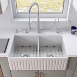 ALFI AB537-W White 32" Fluted Apron Double Bowl Fireclay Farmhouse Kitchen Sink
