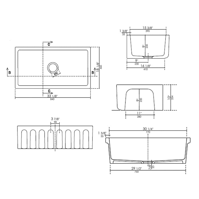 ALFI Brand AB3318HS-BG Black Gloss 33" x 18" Reversible Fireclay Farm Sink
