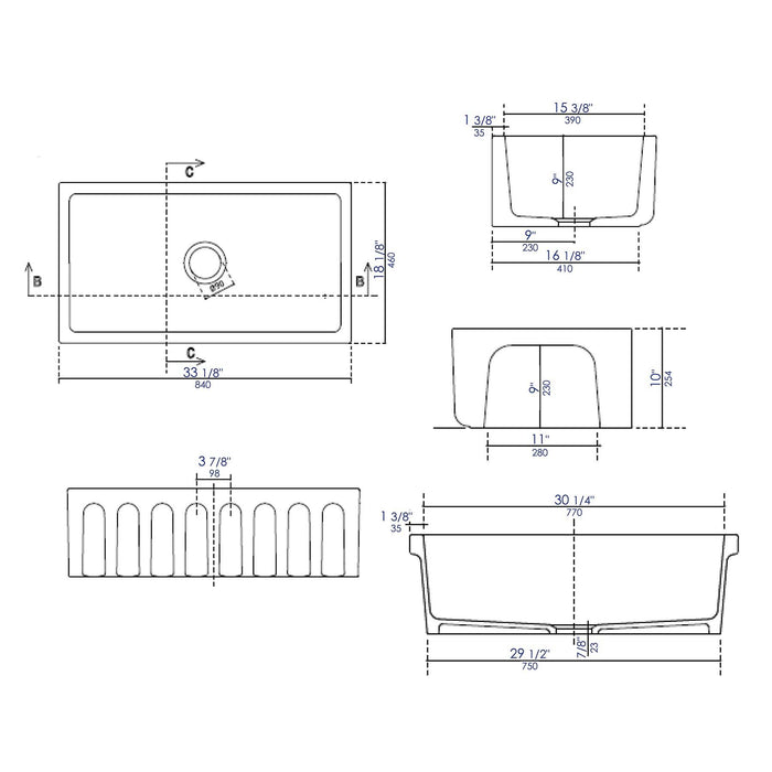 ALFI Brand AB3318HS-BM 33" Black Matte Reversible Smooth/Fluted Single Bowl Fireclay Farm Sink