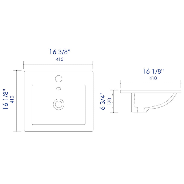 ALFI Brand ABC801 White Modern 17" Square Drop-in Ceramic Sink with Faucet Hole