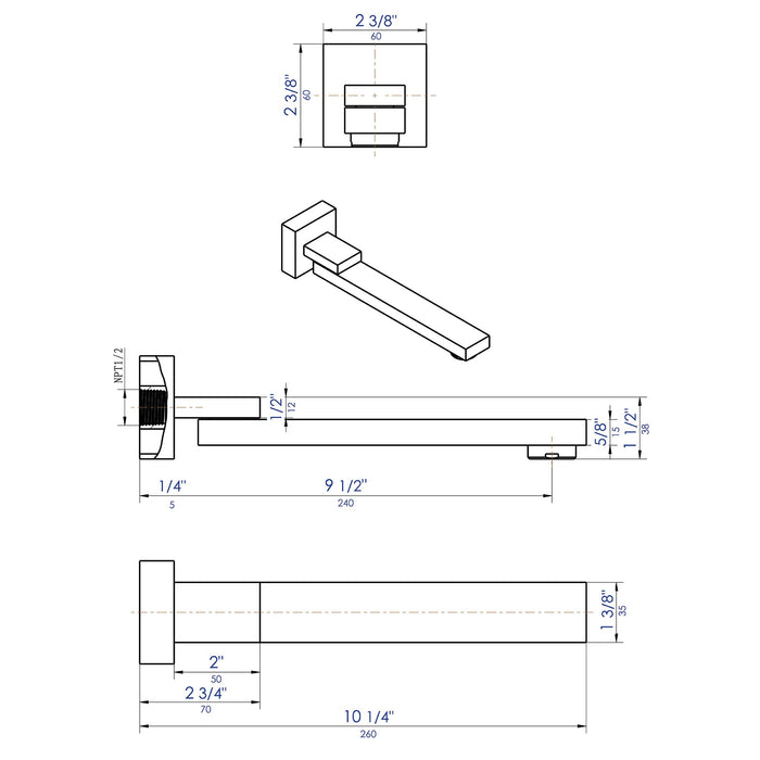 ALFI Brand AB7701-BM Black Matte Square Foldable Tub Spout