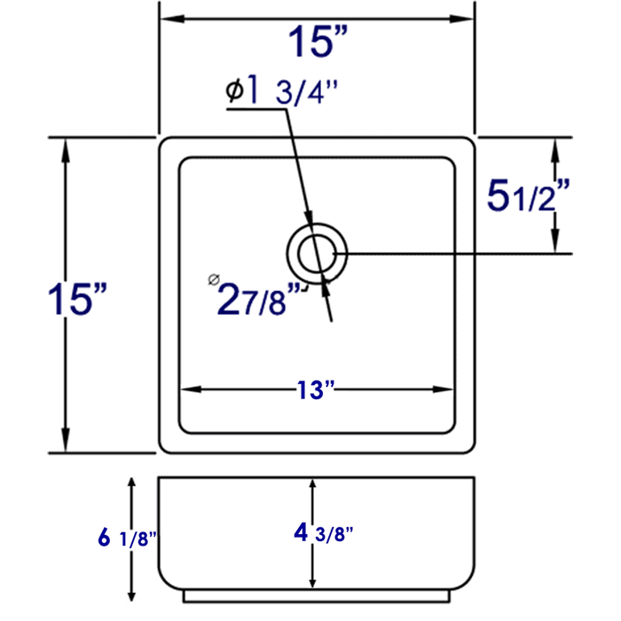 EAGO BA130 15" SQUARE CERAMIC ABOVE MOUNT BATHROOM BASIN VESSEL Sink