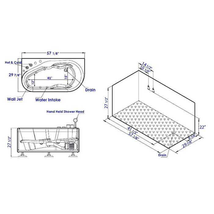 EAGO AM175-L 5'' White Acrylic Corner Whirlpool Bathtub - Drain on Left