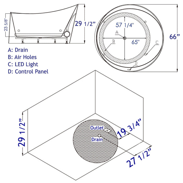 EAGO AM2130 66" Round Free Standing Acrylic Air Bubble Bathtub