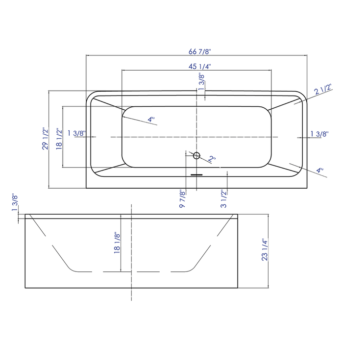 ALFI AB8859 67 inch White Rectangular Acrylic Free Standing Soaking Bathtub