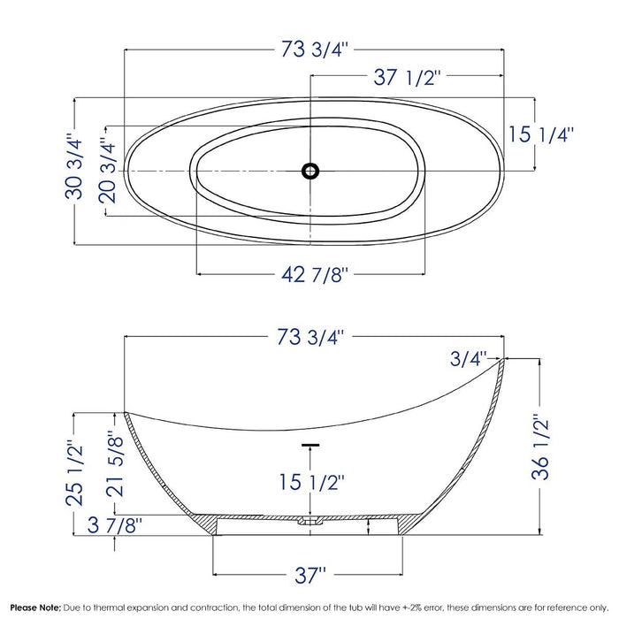 ALFI Brand AB9951 73" White Solid Surface Smooth Resin Soaking Slipper Bathtub
